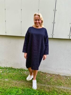 BOML Dark Blue And Dots Pure Linen Dress Long Sleeves