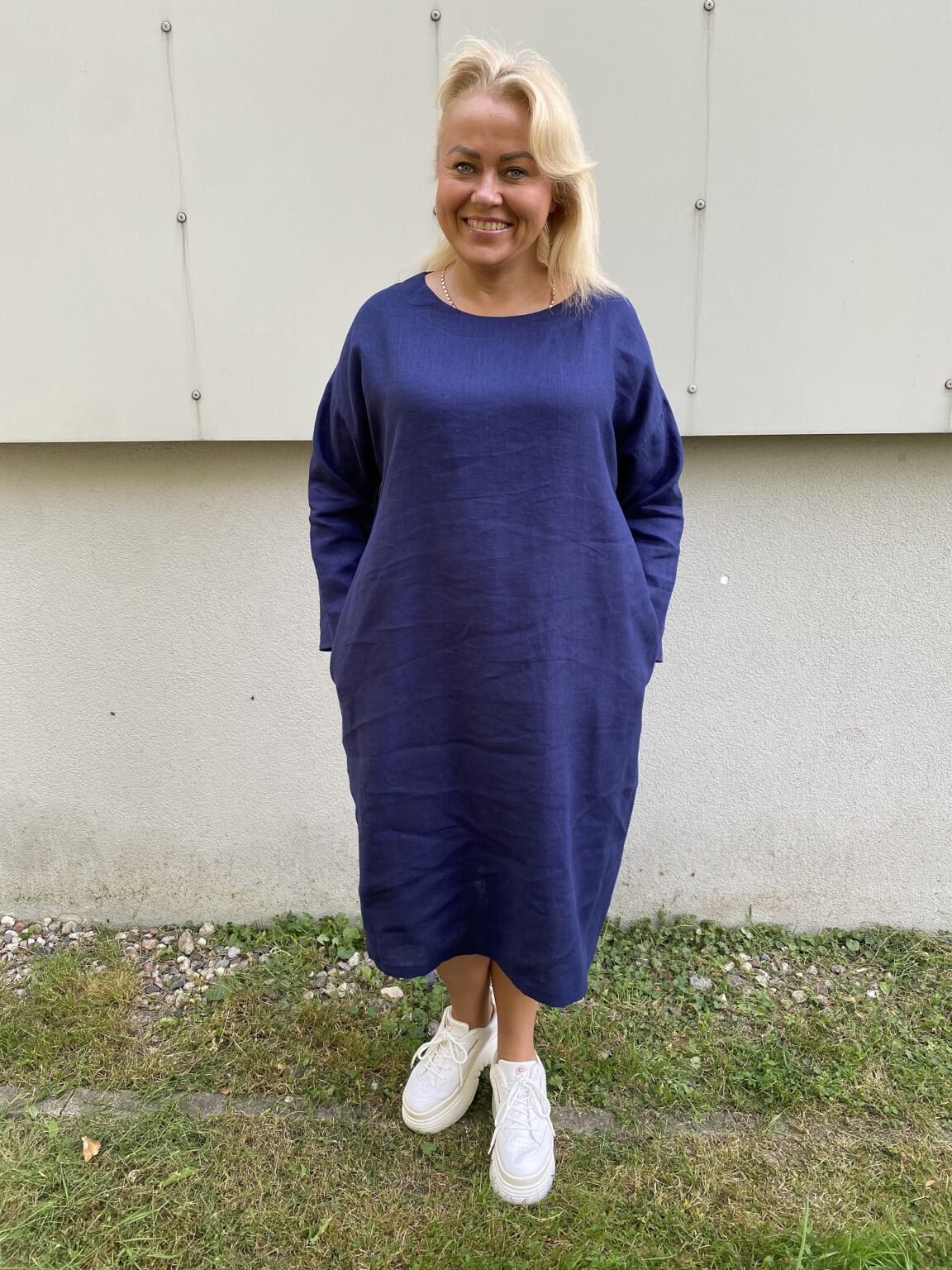 BOML Dark Blue Pure Linen 3/4 sleeves Dress