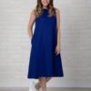 Aurora Pure Linen Royal Blue Sleeveless Dress With Pockets