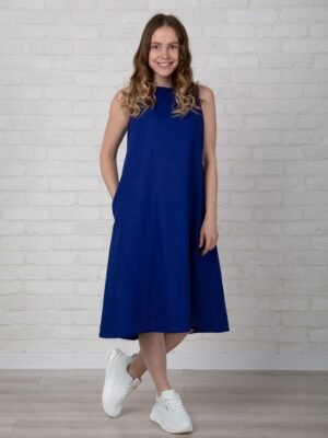 Aurora Pure Linen Royal Blue Sleeveless Dress With Pockets