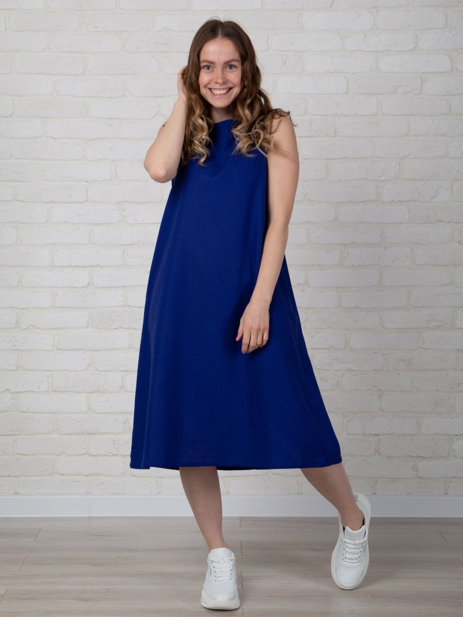 Sleeveless dress in pure linen - Blue