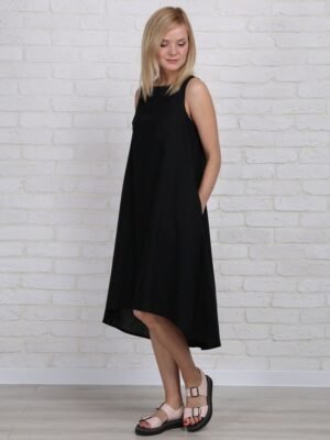 Aurora Pure Linen Black Sleeveless Dress With Pockets