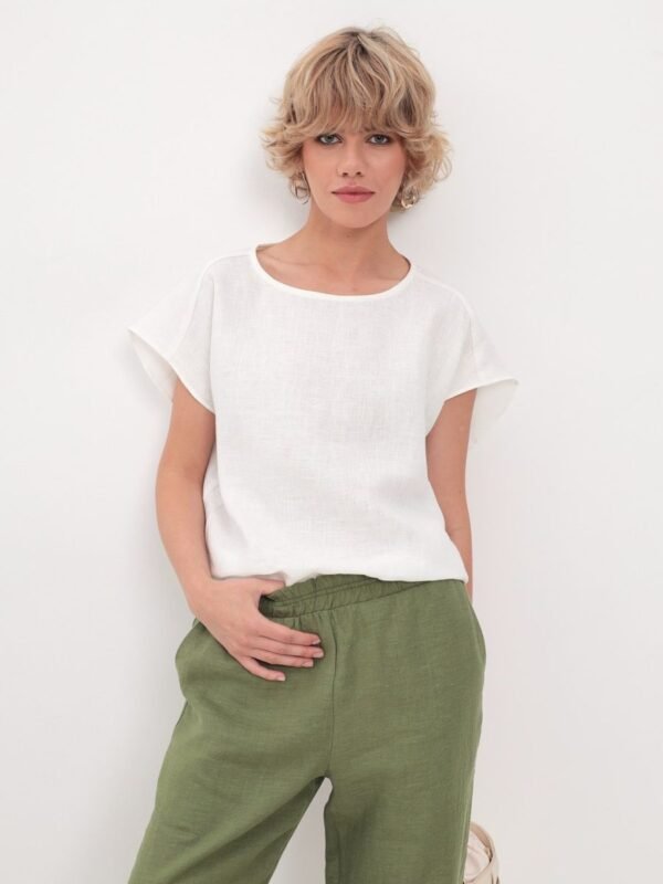Pure Linen White Blouse With Dropped Sleeves