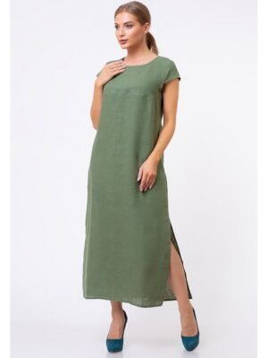 Khaki Green Pure Linen Dress Evelyn