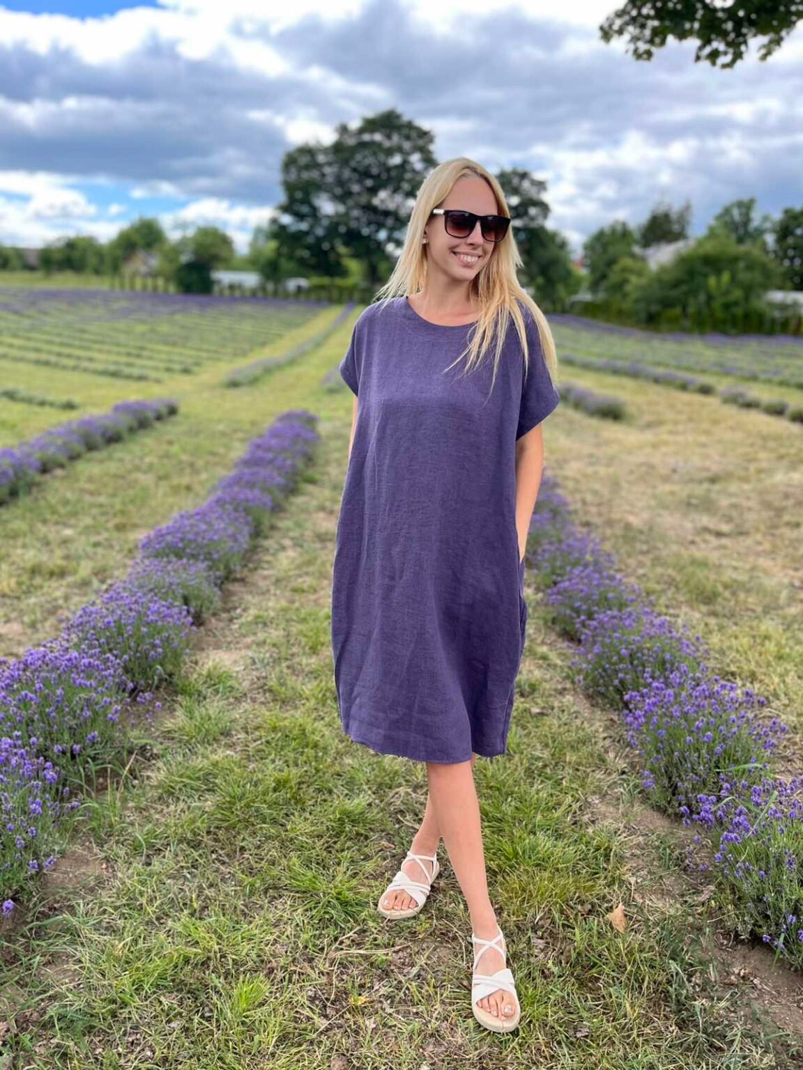 Bella purple short sleeves linen dress