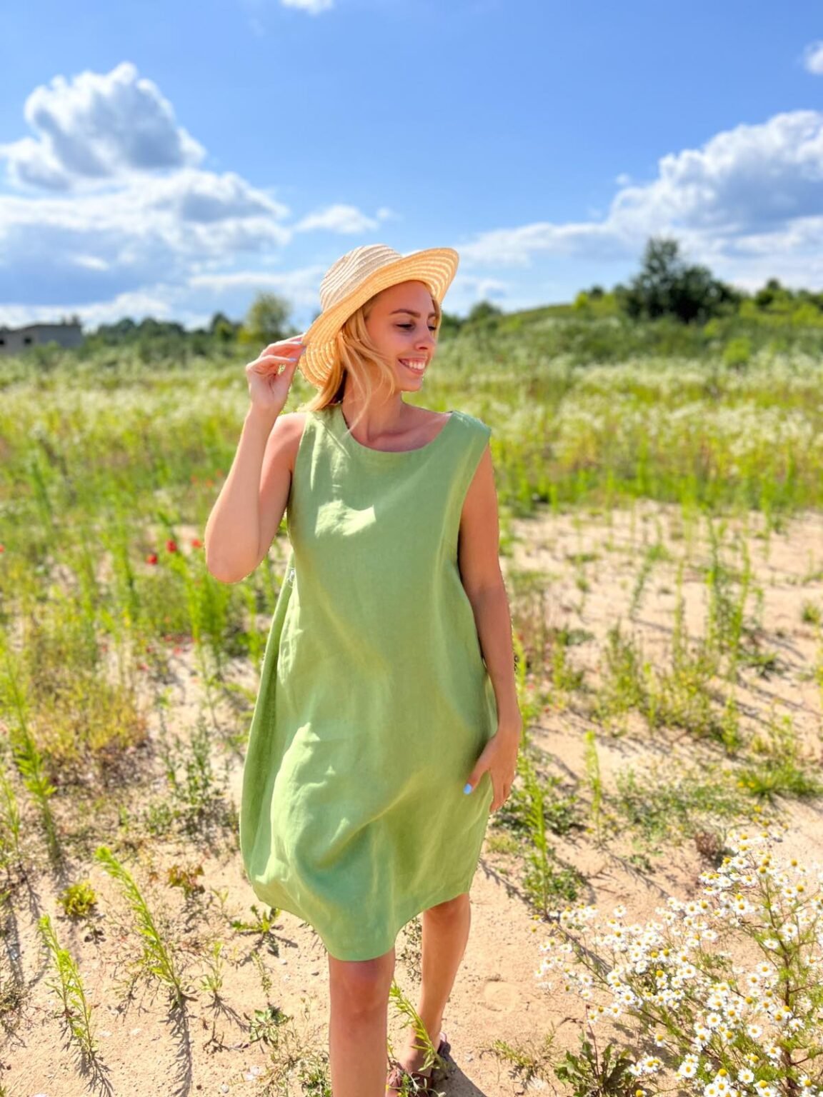 Bella Pistachio Short Sleeves Linen Dress