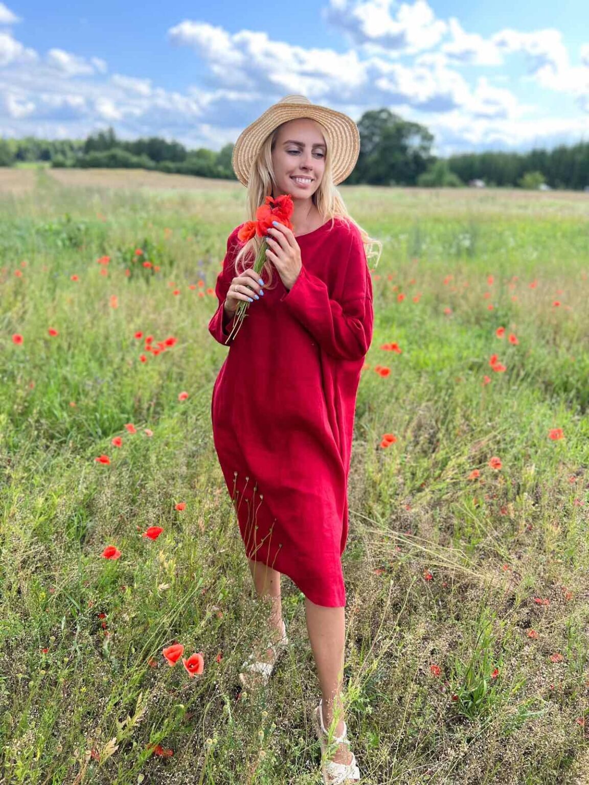 Bella Red Long Sleeves Linen Dress | My Pretty Linen