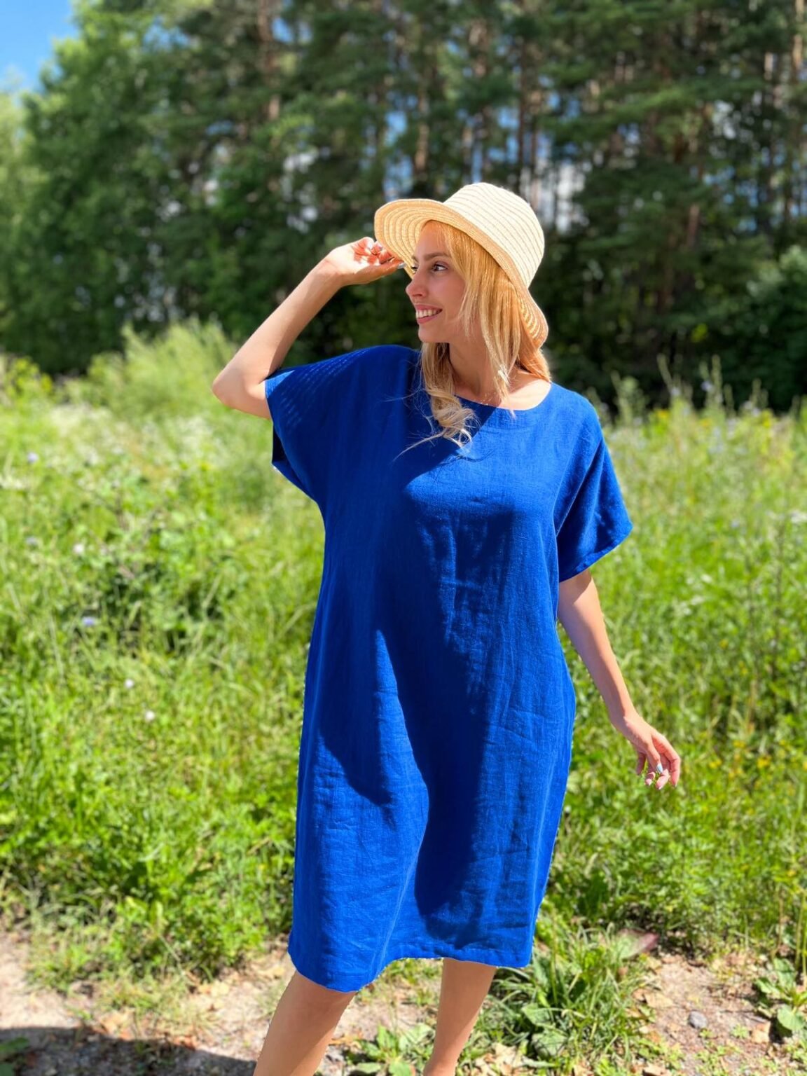 Bella Royal Blue Short Sleeves Linen Dress