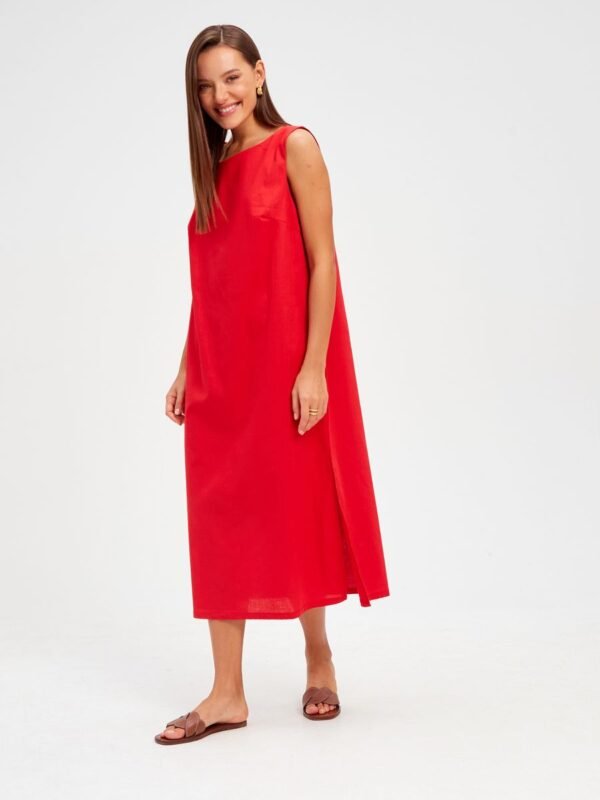 Isabela Red Sleeveless Pure Linen Dress