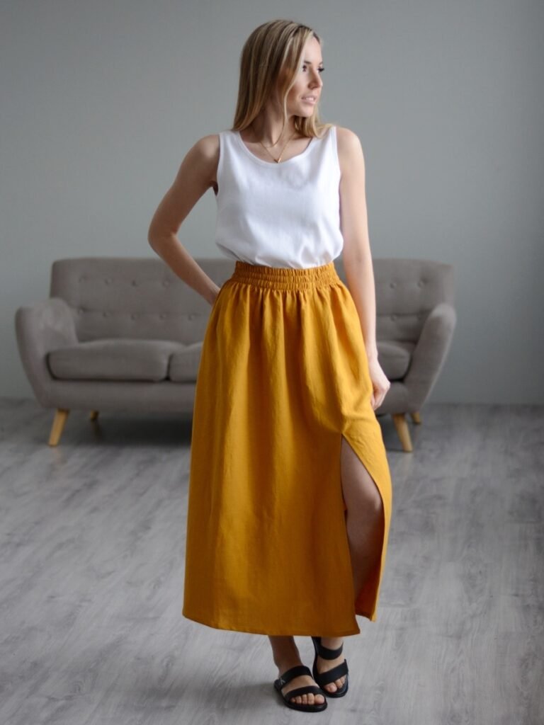 Orange Pure Linen Long Skirt | My Pretty Linen