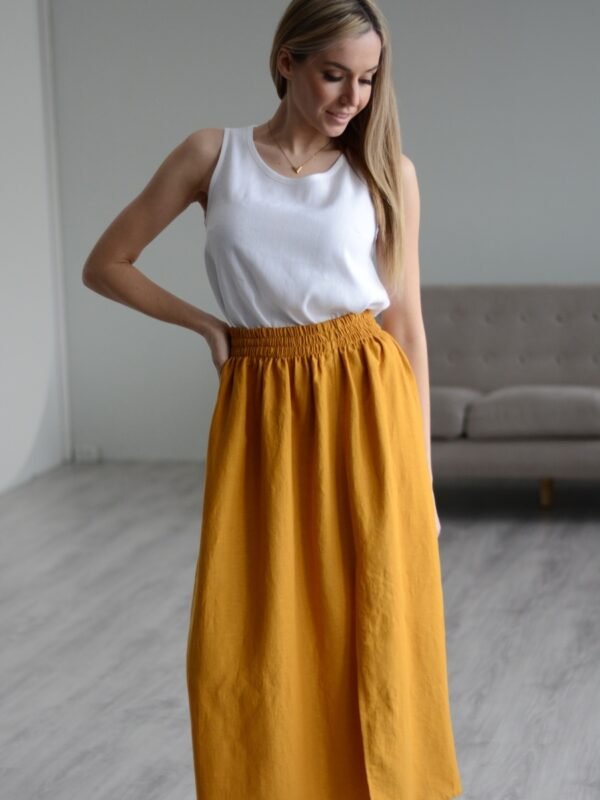 pure linen long skirt mustard