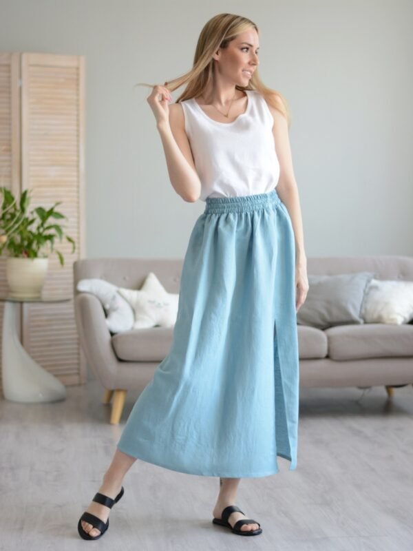 Light Blue Pure Linen Long Skirt
