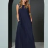 Navy Blue Pure Long Linen Dress Alora