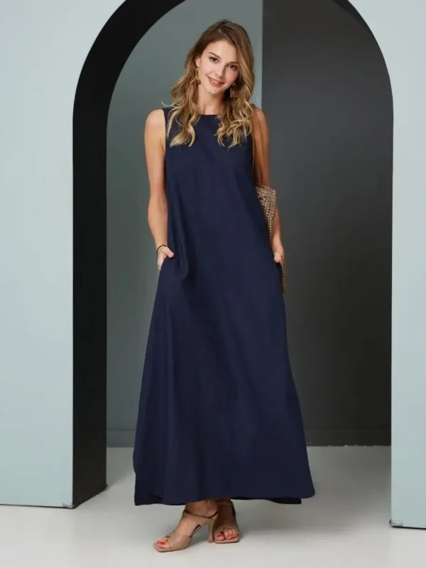 Navy Blue Pure Long Linen Dress Alora