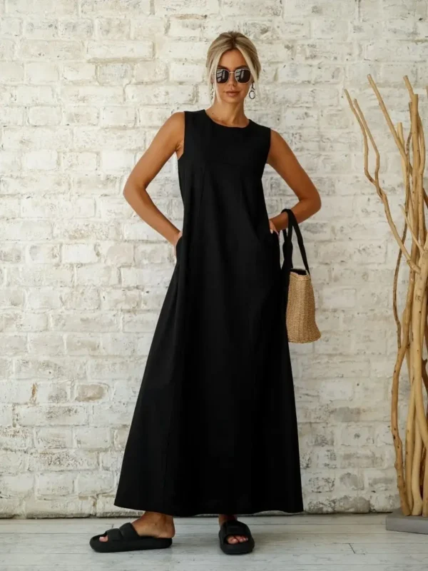 Black Pure Long Linen Dress Alora